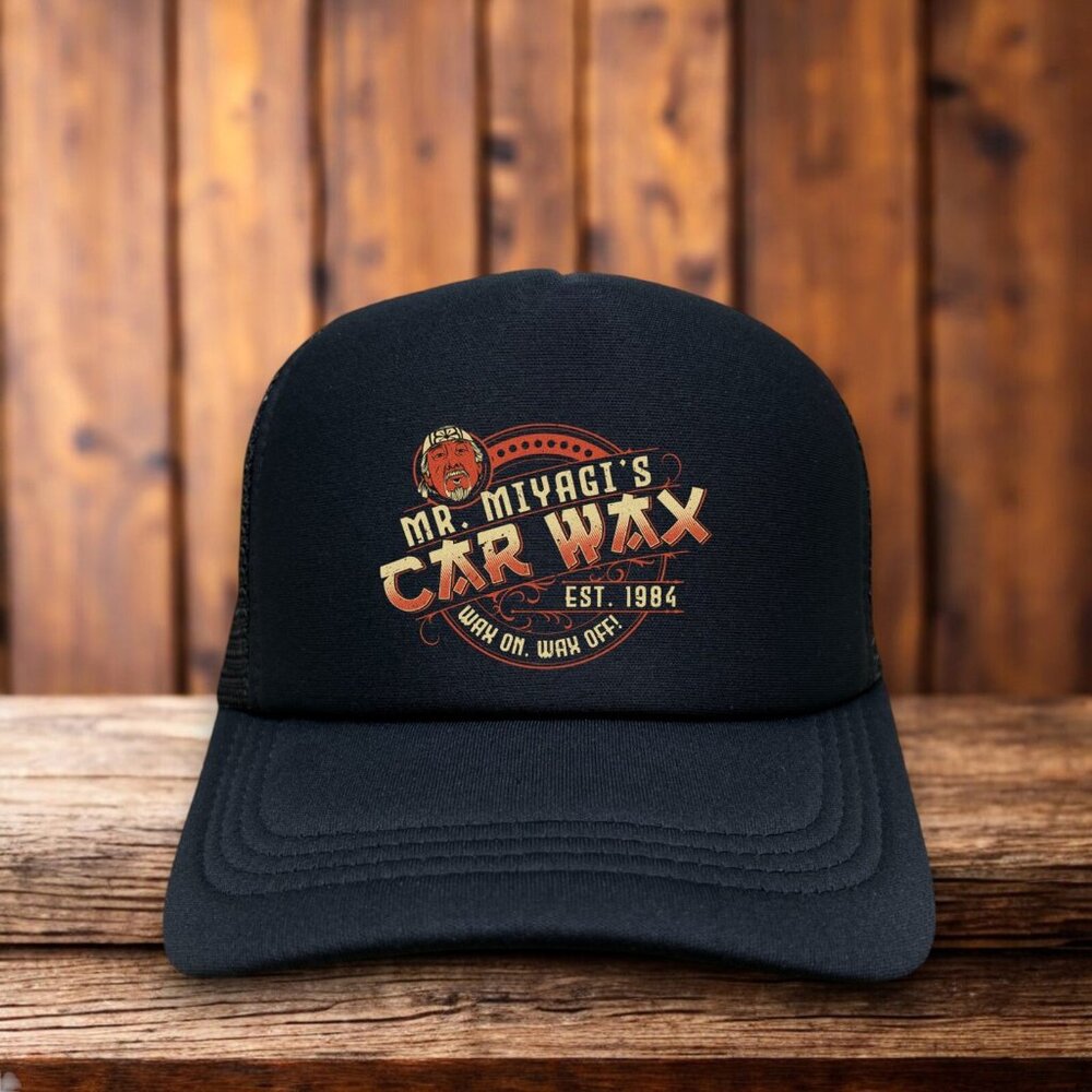 Karate Kid Mr. Miyagi's Car Wax Mens Trucker Hat Black Wax On Wax Off Ball Cap